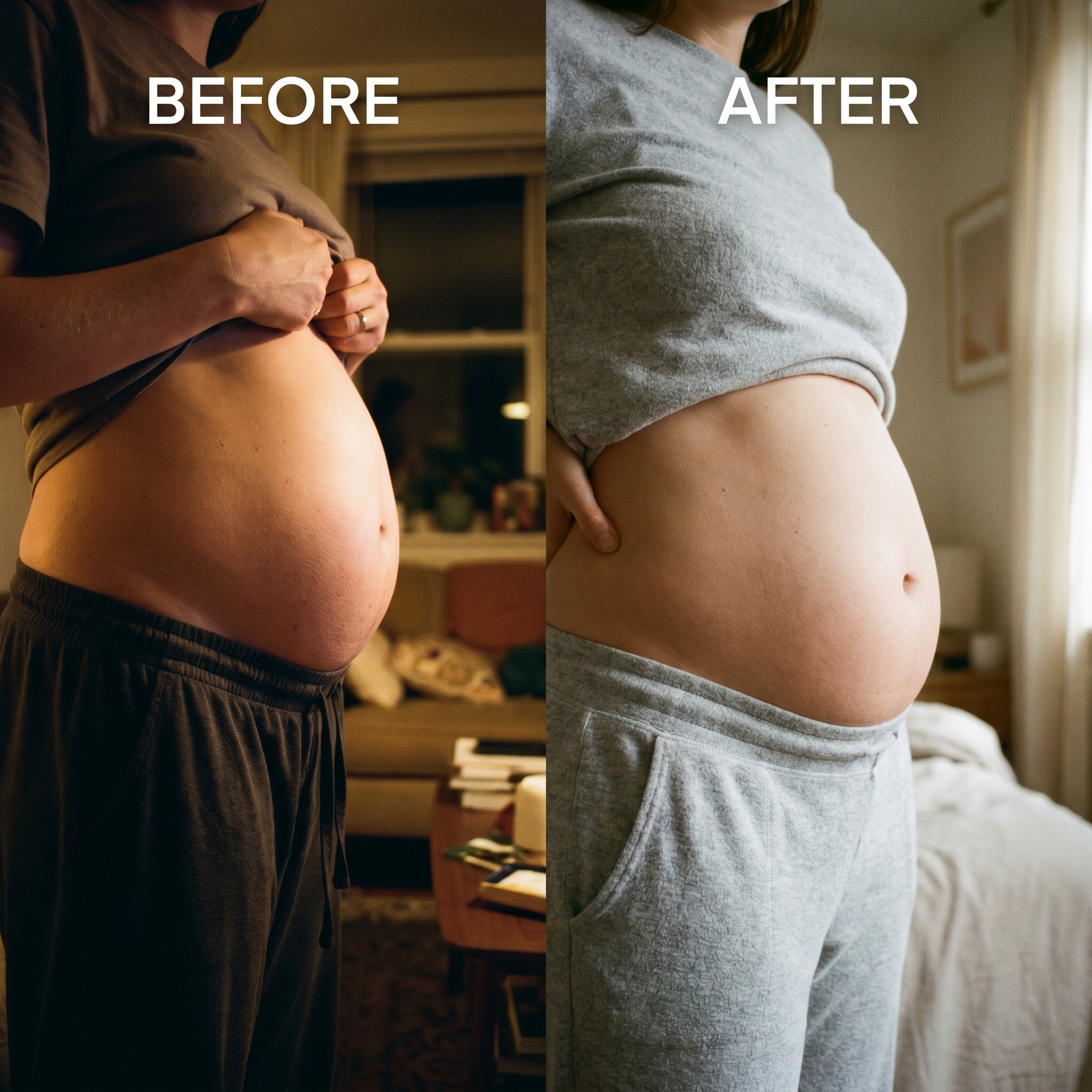 A customer's stomach before and after using the pack